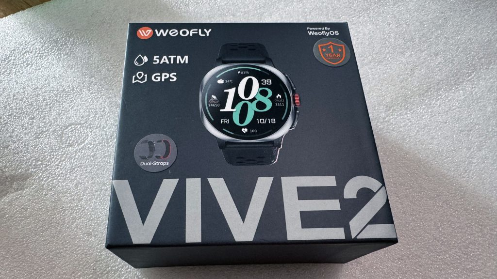 Hodinky Weofly Vive 2 jsou dodávány v elegantní, ale překvapivě malé a kompaktní kartónové krabičce