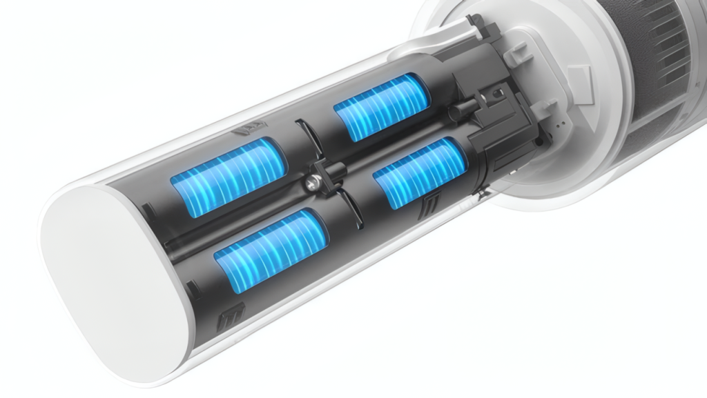 Napájení zajišťuje sada čtyř lithium-iontových článků, každý o kapacitě 2000 mAh