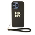 DKNY PU Leather Stack Logo Wrist Strap Zadní Kryt pro iPhone 14 Pro Max Brown