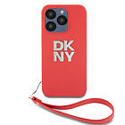 DKNY PU Leather Stack Logo Wrist Strap Zadní Kryt pro iPhone 14 Pro Red