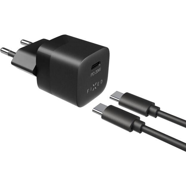 Set síťové nabíječky FIXED Mini s USB-C výstupem a USB-C/USB-C kabelu, podpora PD, 1 metr, 20W, čern