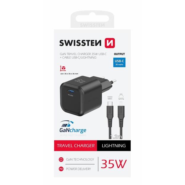 SWISSTEN SÍŤOVÝ ADAPTÉR GaN 1x USB-C 35W POWER DELIVERY ČERNÝ + DATOVÝ KABEL USB-C/LIGHTNING 1,2 M Č