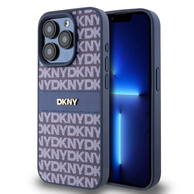 DKNY PU Leather Repeat Pattern Tonal Stripe Zadní Kryt pro iPhone 15 Pro Blue