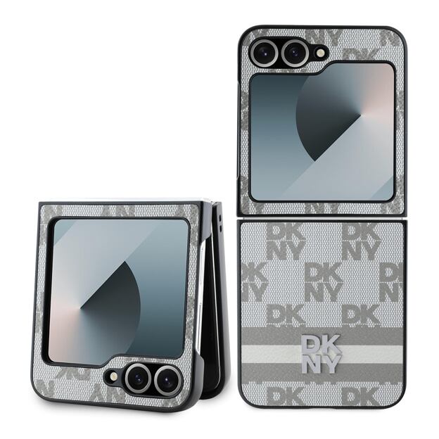 DKNY PU Leather Checkered Pattern and Stripe Zadní Kryt pro Samsung Galaxy Z Flip 6/7 FE Beige