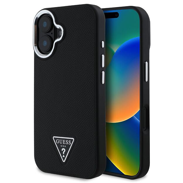 Guess PU Grained Triangle Logo MagSafe Zadní Kryt pro iPhone 16 Black