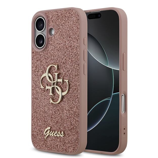 Guess PU Fixed Glitter 4G Metal Logo Zadní Kryt pro iPhone 17 Pink