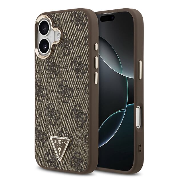 Guess PU Leather 4G Strass Triangle Logo Gold Frame MagSafe Zadní Kryt pro iPhone 17 Brown