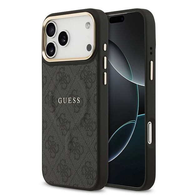Guess PU Leather 4G Gold Frame MagSafe Zadní Kryt pro iPhone 17 Pro Max Black