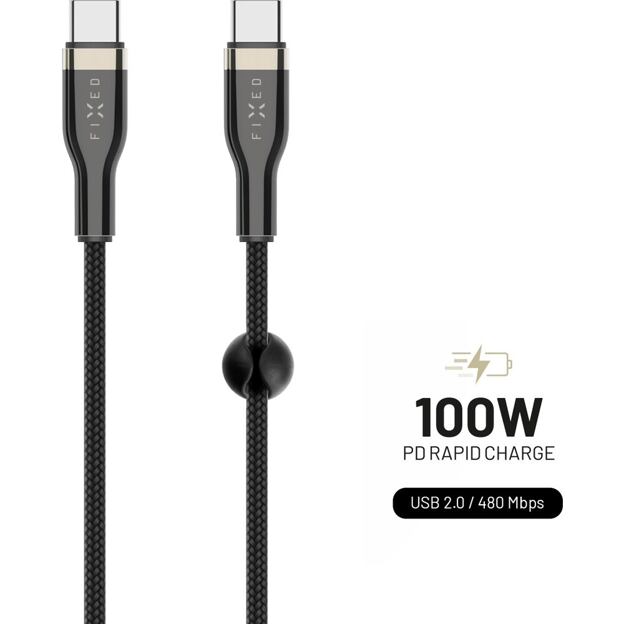 Dlouhý nabíjecí a datový opletený kabel FIXED s konektory USB-C/USB-C a podporou PD, 2m, USB 2.0, 10