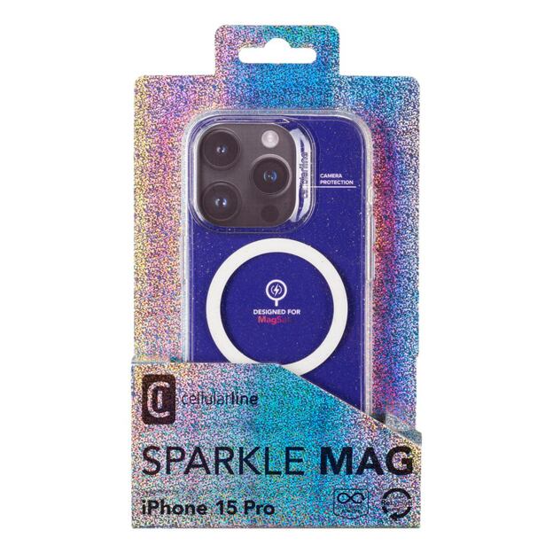 Třpytivý zadní kryt Cellularline Sparkle Mag s podporou Magsafe pro Apple iPhone 15 Pro, čirý