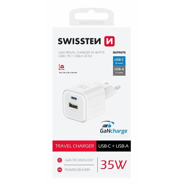 SWISSTEN SÍŤOVÝ ADAPTÉR GaN 1x USB-C 35W PD + 1x USB-A 27W QC BÍLÝ
