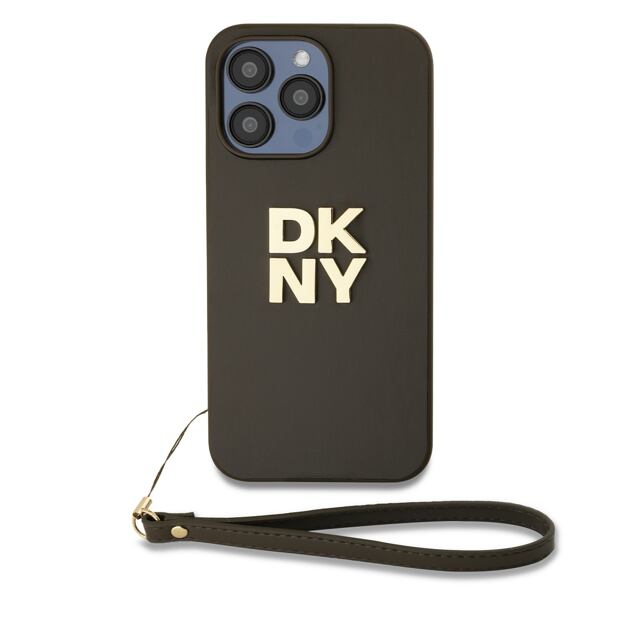 DKNY PU Leather Stack Logo Wrist Strap Zadní Kryt pro iPhone 14 Pro Max Brown
