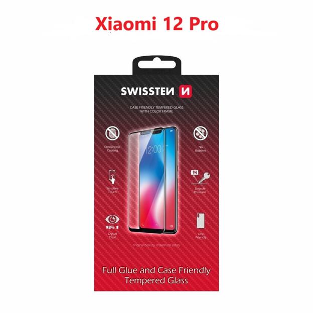 SKLO SWISSTEN FULL GLUE, COLOR FRAME, CASE FRIENDLY PRO XIAOMI 12 PRO ČERNÉ