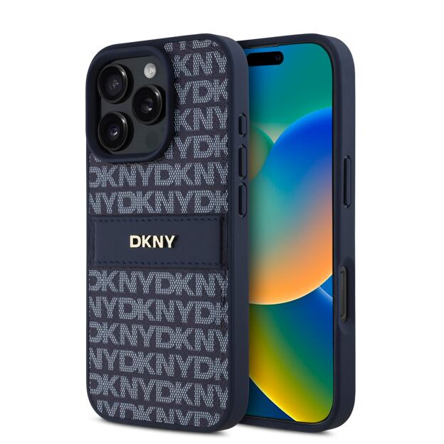 DKNY PU Leather Repeat Pattern Tonal Stripe Zadní Kryt pro iPhone 16 Pro Blue