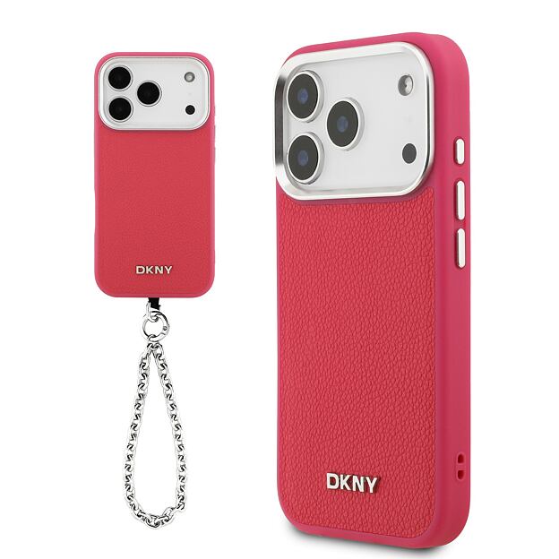 DKNY PU Leather Metal Logo Wrist Chain MagSafe Zadní Kryt pro iPhone 17 Pro Pink