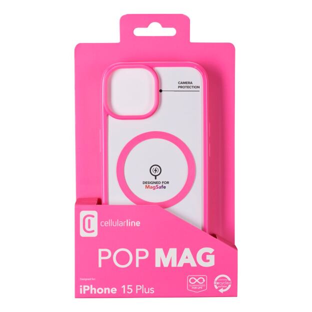 Zadní kryt Cellularline Pop Mag s podporou Magsafe pro Apple iPhone 15 Plus, čirý / růžový