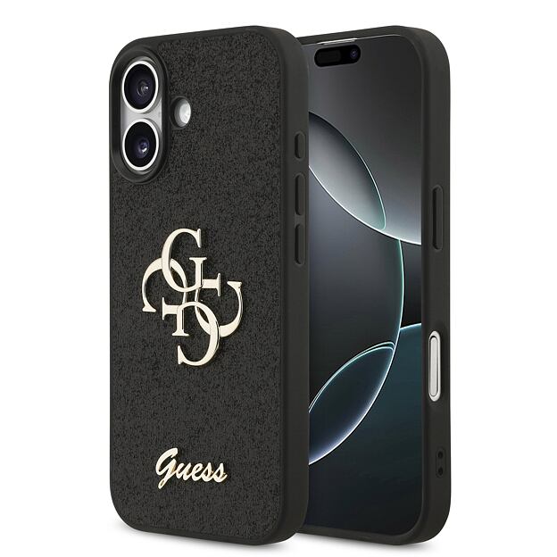 Guess PU Fixed Glitter 4G Metal Logo Zadní Kryt pro iPhone 17 Black