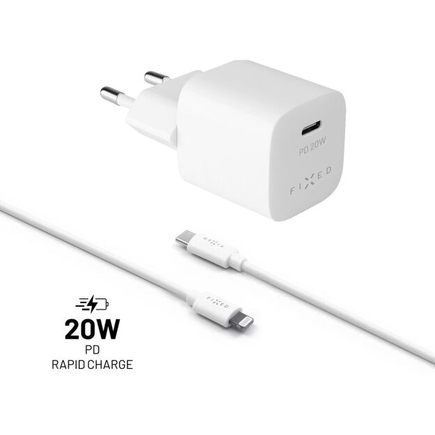 Set síťové nabíječky FIXED Mini s USB-C výstupem a USB-C/Lightning kabelu, podpora PD, 1 metr, MFI,