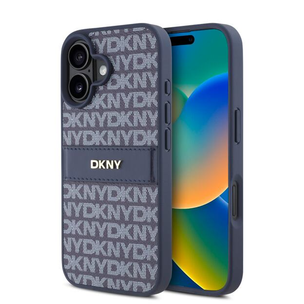 DKNY PU Leather Repeat Pattern Tonal Stripe Zadní Kryt pro iPhone 16 Blue