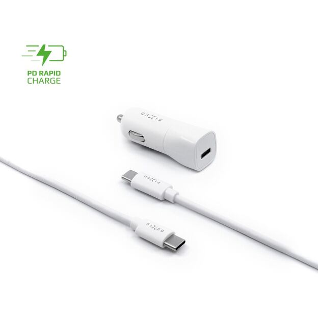 Set autonabíječky FIXED s USB-C výstupem a USB-C/USB-C kabelu, podpora PD, 1 metr, 18W, bílý