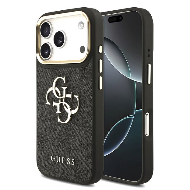 Guess PU Leather 4G Metal Logo Gold Frame Zadní Kryt pro iPhone 17 Pro Black