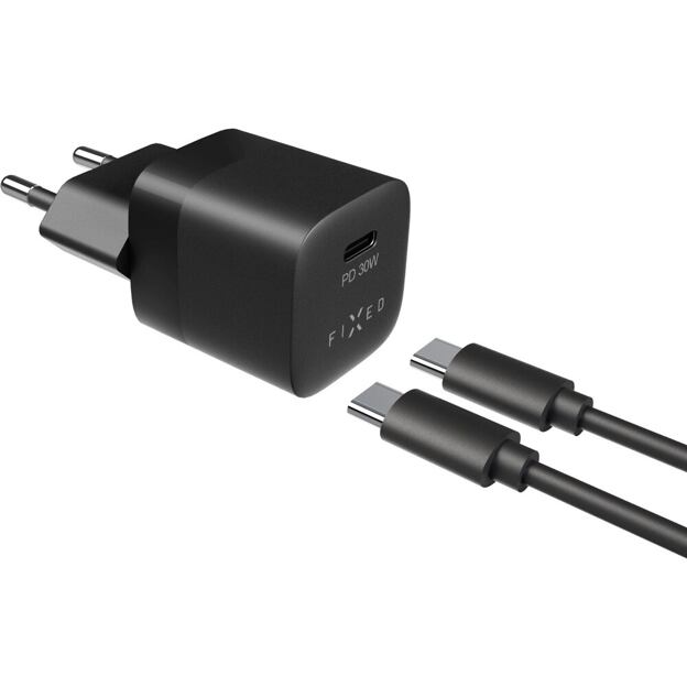 Set síťové nabíječky FIXED Mini s USB-C výstupem a USB-C/USB-C kabelu, podpora PD, 1 metr, 30W, čern