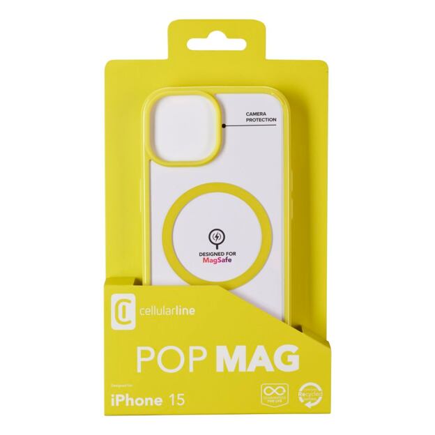 Zadní kryt Cellularline Pop Mag s podporou Magsafe pro Apple iPhone 15, čirý / limetkový