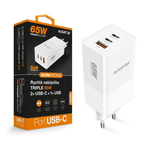 Rychlá nabíječka ALIGATOR GaN, PD 65W, 2xUSB-C, 1xUSB-A, bílá