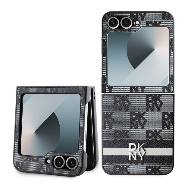 DKNY PU Leather Checkered Pattern and Stripe Zadní Kryt pro Samsung Galaxy Z Flip 6/7 FE Black