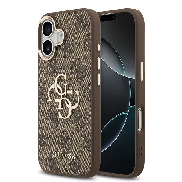 Guess PU Leather 4G Metal Logo Gold Frame Zadní Kryt pro iPhone 17 Brown