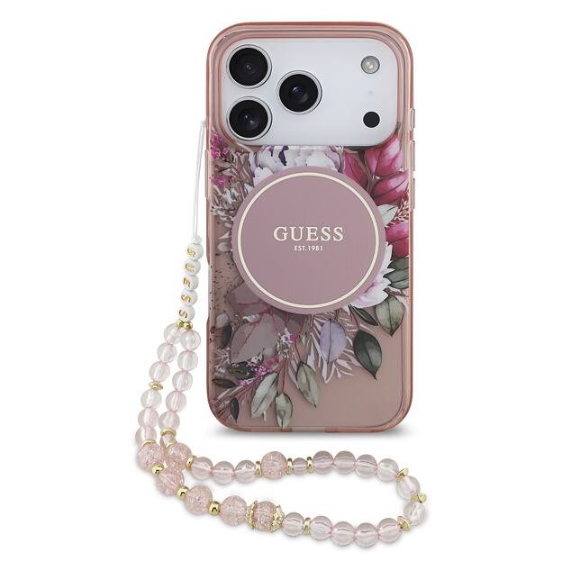 Guess IML Flowers Strap MagSafe Zadní Kryt pro iPhone 17 Pro Pink