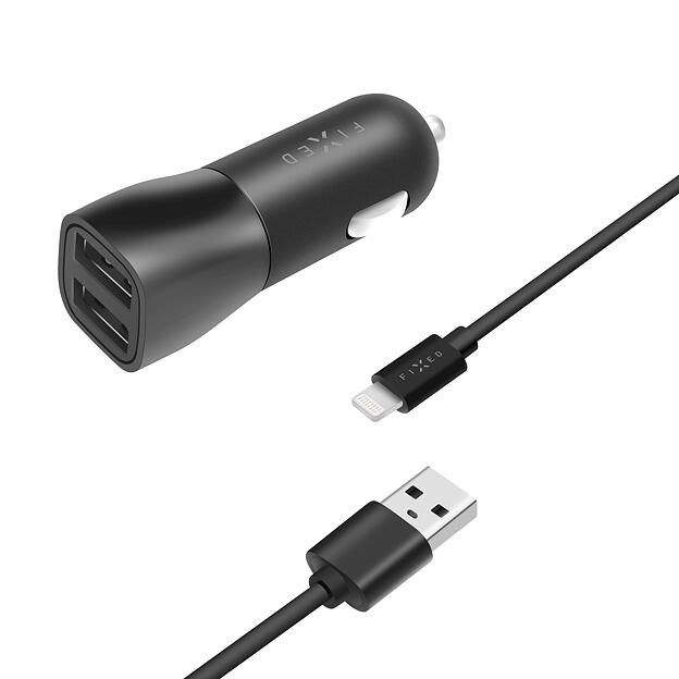 Set autonabíječky FIXED s 2xUSB výstupem a USB/Lightning kabelu, 1 metr, MFI certifikace, 15W Smart
