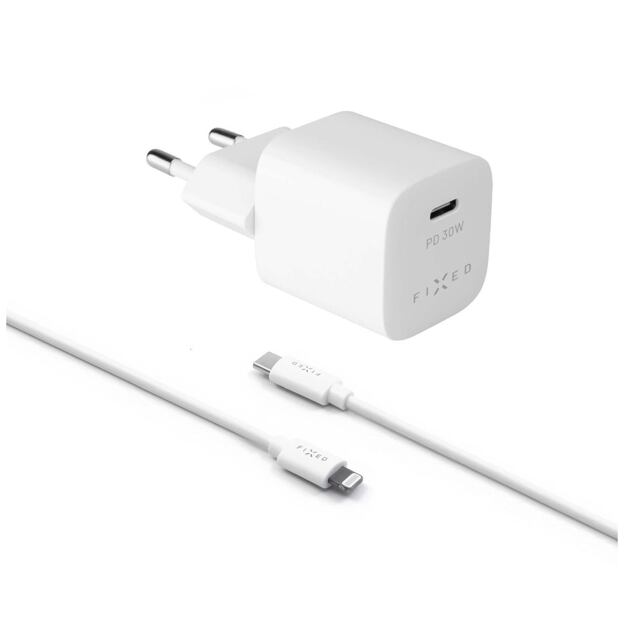 Set síťové nabíječky FIXED Mini s USB-C výstupem a USB-C/Lightning kabelu, podpora PD, 1.2 metr, MFI