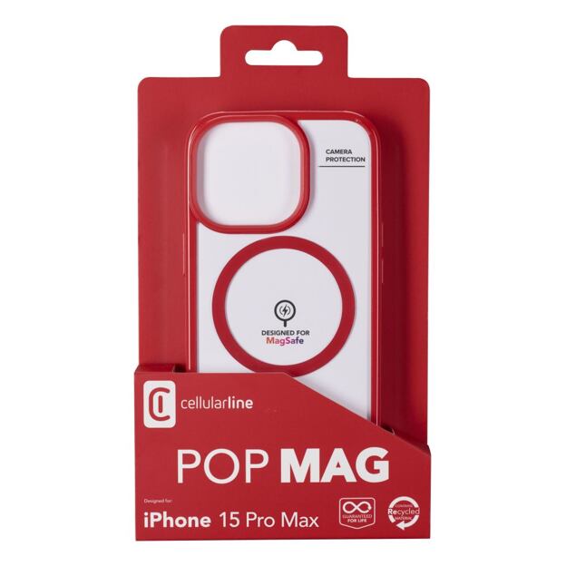 Zadní kryt Cellularline Pop Mag s podporou Magsafe pro Apple iPhone 15 Pro Max, čirý / červený