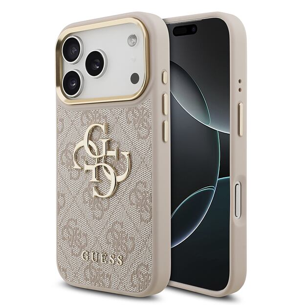 Guess PU Leather 4G Metal Logo Gold Frame Zadní Kryt pro iPhone 17 Pro Pink