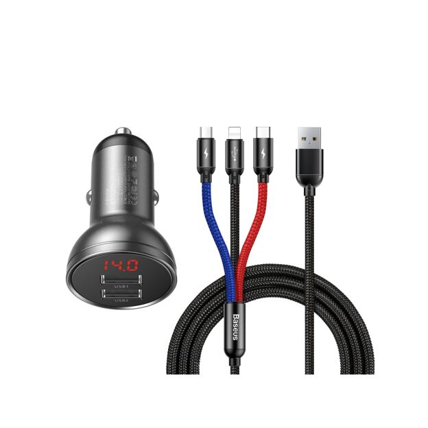 Baseus rychlonabíječka do auta 2xUSB 4,8A 24W s displejem + 3v1 kabel černá