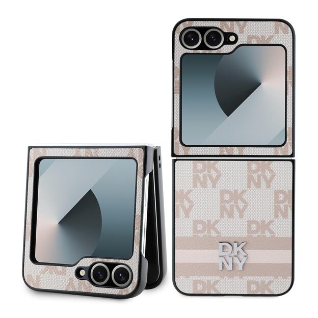 DKNY PU Leather Checkered Pattern and Stripe Zadní Kryt pro Samsung Galaxy Z Flip 6/7 FE Pink