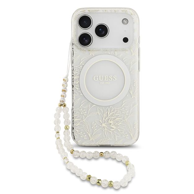 Guess IML Flowers Allover Strap MagSafe Zadní Kryt pro iPhone 17 Pro White
