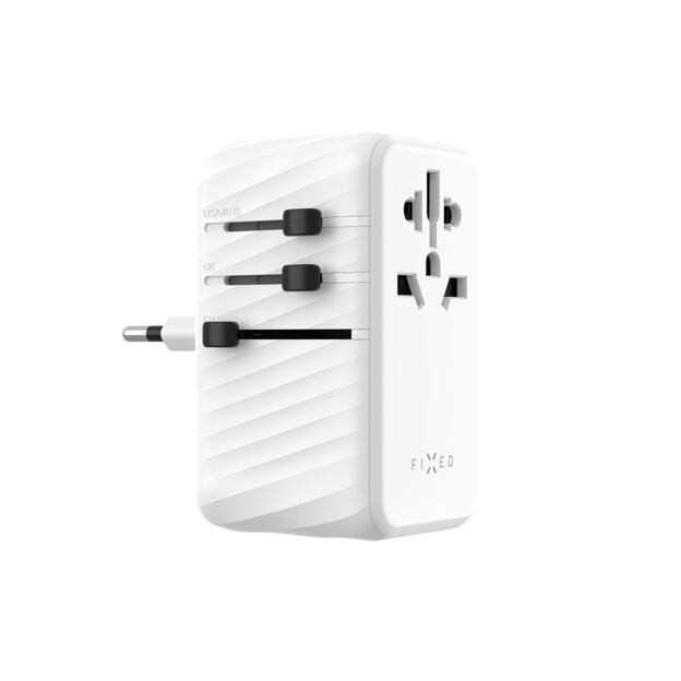 Cestovní adaptér FIXED Voyager 120W pro EU, UK a USA/AUS, s 3xUSB-C a 1xUSB výstupem, GaN, PD 120W,