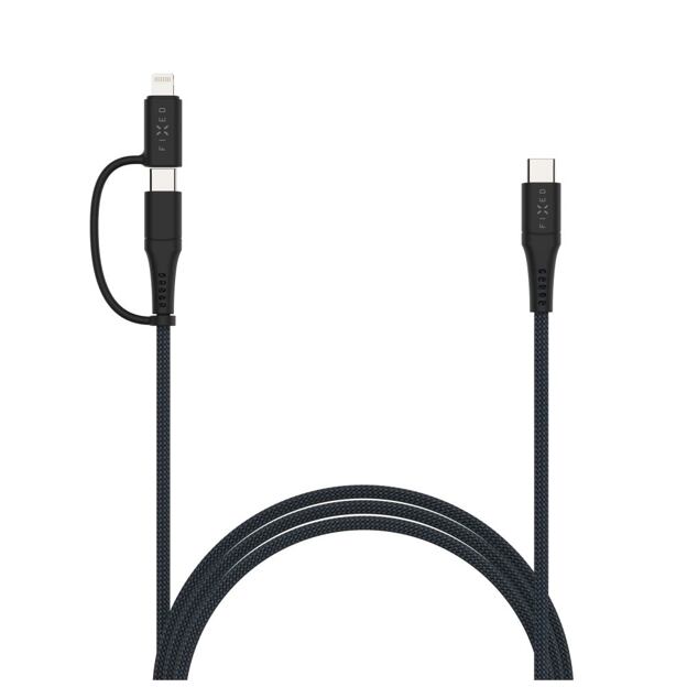 Nabíjecí a datový opletený kabel FIXED s konektory USB-C/USB-C a Lightning adaptérem, PD, 1.2m, MFi,
