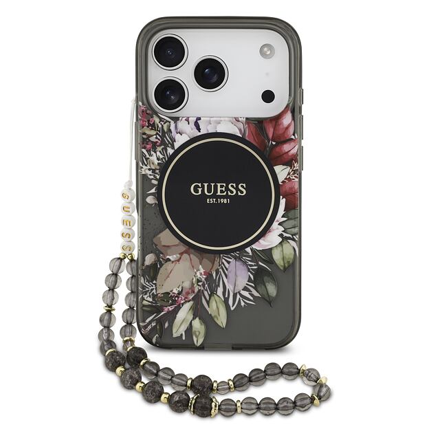 Guess IML Flowers Strap MagSafe Zadní Kryt pro iPhone 17 Pro Black
