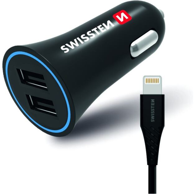 SWISSTEN CAR CHARGER 2,4A POWER WITH 2x USB + CABLE LIGHTNING