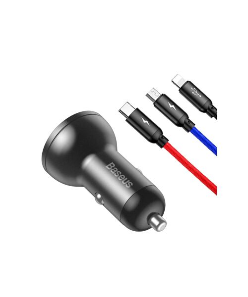 Baseus rychlonabíječka do auta 2xUSB 4,8A 24W s displejem + 3v1 kabel černá