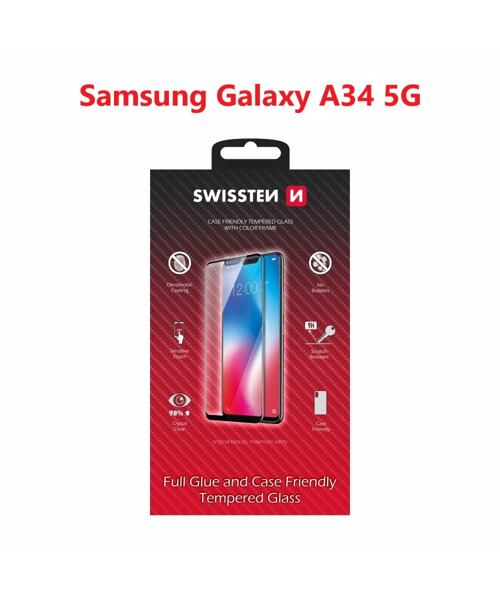 SKLO SWISSTEN FULL GLUE, COLOR FRAME, CASE FRIENDLY PRO SAMSUNG A146 GALAXY A14 5G ČERNÉ