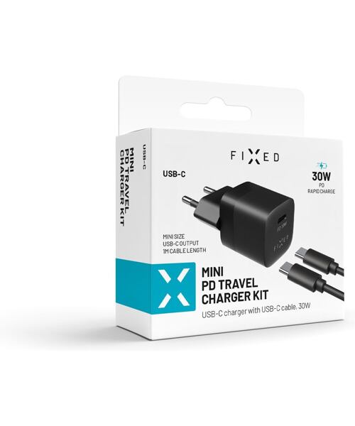 Set síťové nabíječky FIXED Mini s USB-C výstupem a USB-C/USB-C kabelu, podpora PD, 1 metr, 30W, čern