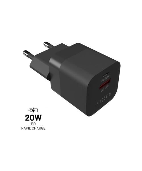 Síťová nabíječka FIXED Mini s USB-C a USB výstupem, podpora PD a QC 3.0, 20W, černá