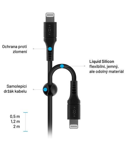 Dlouhý nabíjecí a datový Liquid silicone kabel FIXED s konektory USB-C/Lightning a podporou PD, 2m,