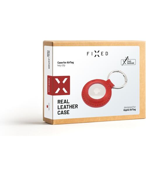Pouzdro FIXED Case for AirTag z pravé hovězí kůže s karabinou, červené