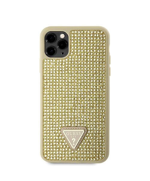 Guess Rhinestones Triangle Metal Logo Kryt pro iPhone 11 Pro Max Gold