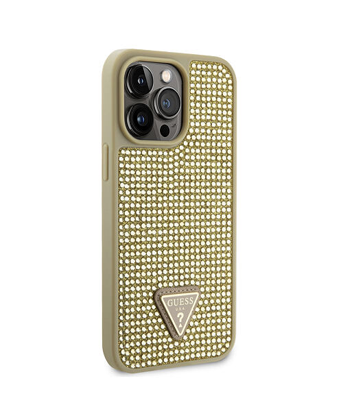 Guess Rhinestones Triangle Metal Logo Kryt pro iPhone 15 Pro Max Gold
